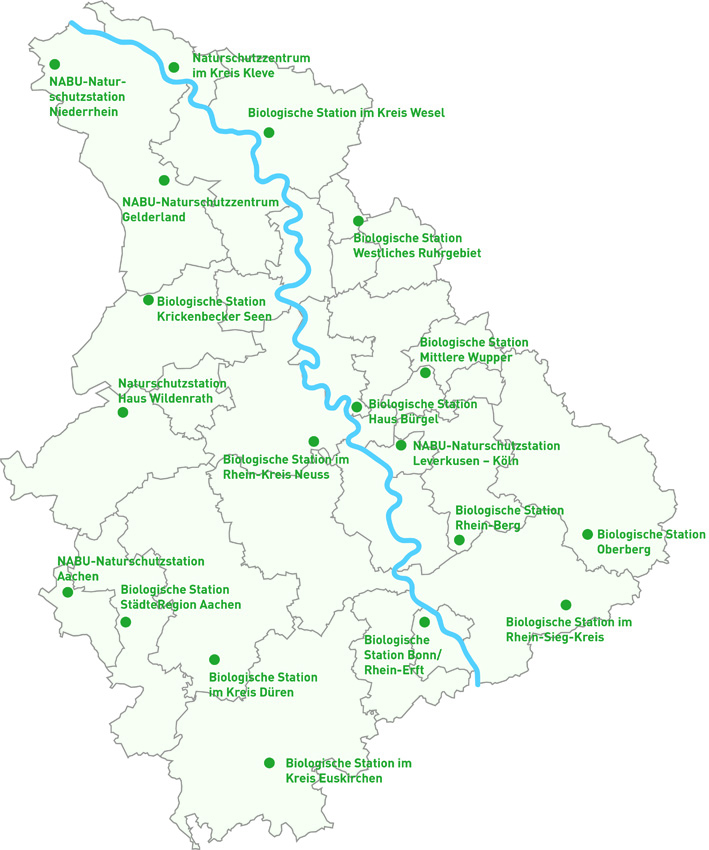 Das Bild zeigt eine Karte der Kreise des Rheinlandes. Mit Punkten markiert sind die Biologischen Stationen des jeweiligen Kreises. Ihr Name steht in der Karte.